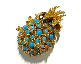 Vintage Signed Philip Hulitar Gold-Plated Pineapple Brooch, Turquoise Cabochon & Rhinestones
