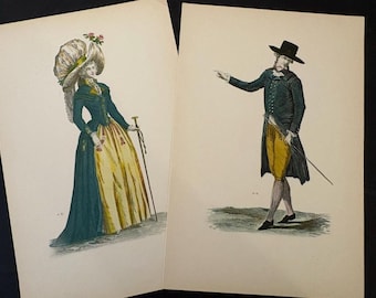 Antique French Costume Prints Hand Colored 1780s Louis XVI Bourgeois Fashion Pair
