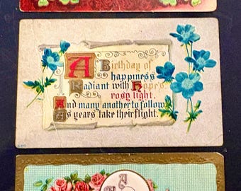 3 Antique c.1910 Embossed Birthday Postcards Germany Roses Clover Horseshoe