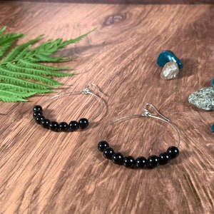 Black hoop earrings, Black Onyx earrings, hoop earrings, gemstone earrings, beaded earrings, lightweight earrings, statement earrings