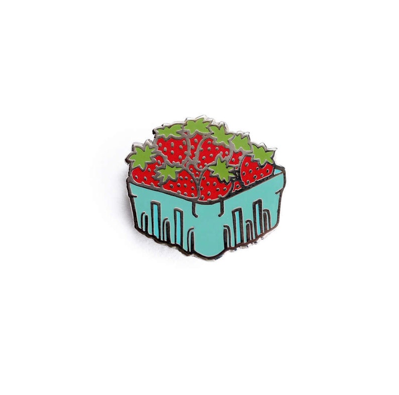 Strawberry Basket Enamel Pin Fruit Lapel Pin // Hard Enamel Pin, Cloisonné, Pin Badge image 1