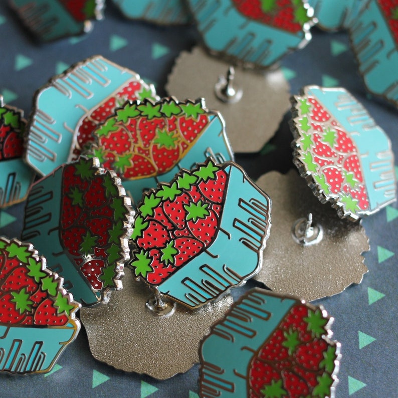 Strawberry Basket Enamel Pin Fruit Lapel Pin // Hard Enamel Pin, Cloisonné, Pin Badge image 3