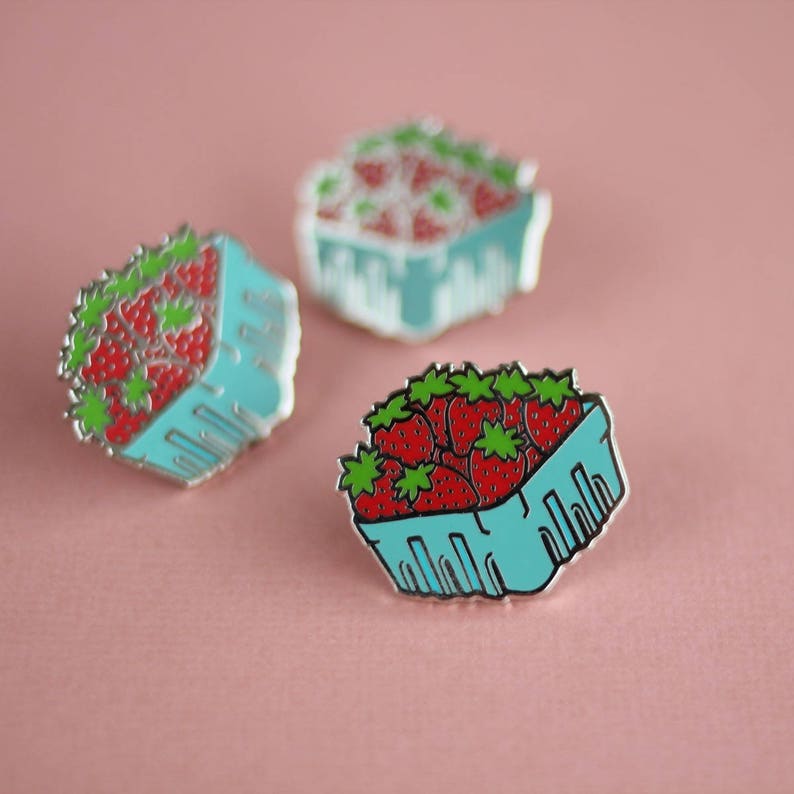 Strawberry Basket Enamel Pin Fruit Lapel Pin // Hard Enamel Pin, Cloisonné, Pin Badge image 2