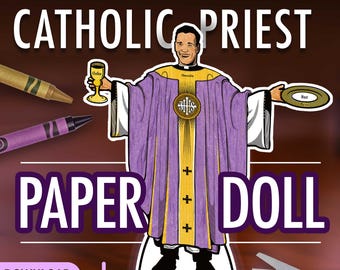 Printable Catholic Priest Paper Doll – Cut and Color Activity for Kids, Sunday School, or First Communion Craft -Learn the name of vestments