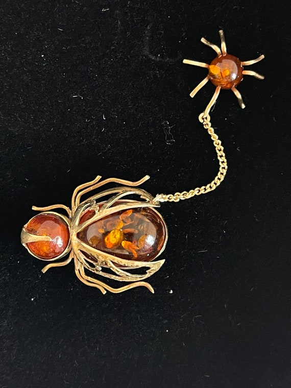 Amber and 9ct Gold Spider and Fly Brooch