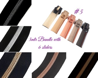 3mtr Zipper Bundle with 6 sliders  | Zipper slider 6pk | #5 long plain zipper pull