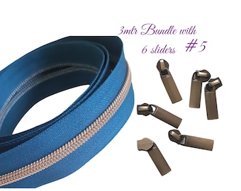 3mtr Zipper Bundle with sliders  | Bronze Zipper slider 6pk | #5 long plain zipper pull