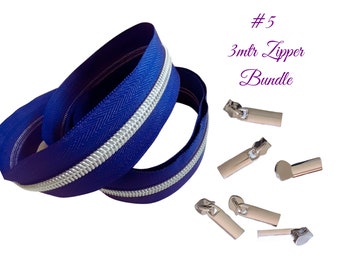 3mtr Zipper Bundle with 6 sliders  | Silver Zipper slider 6pk | #5 long plain zipper pull