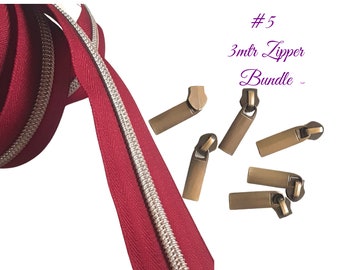 3mtr Zipper Bundle with 6 sliders  | Bronze Zipper slider 6pk | #5 long plain zipper pull