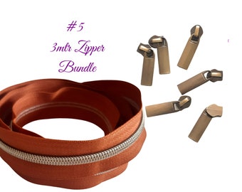 3mtr Zipper Bundle with sliders  | Bronze Zipper slider 6pk | #5 long plain zipper pull