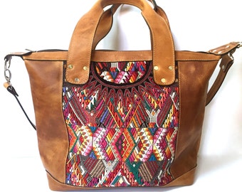 CUSTOM *Classic* Convertible Day Bag~Leather and Huipil Bag~Diaper Bag~Leather Bag~Leather Tote~Leather Purse~Guatemala~Travel Bag~Custom