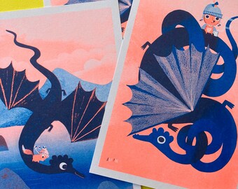 A4 risograph bundle - two prints in fluoro orange and blue