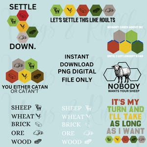 Colonos de Catan png, vamos a resolver este paquete png, noche de juegos de mesa, mineral, madera, ladrillo, trigo, ovejas, nadie quiere tus ovejas png archivos digitales