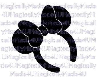May include: Black silhouette of a pair of Minnie Mouse ears with a large bow. The ears are rounded and the bow is tied in a knot at the top.