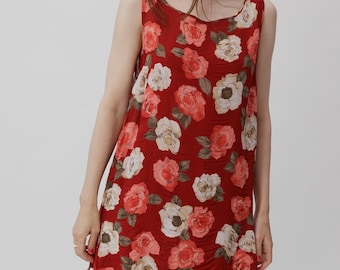 Vintage Red Floral Print Crinkle Chiffon Mini Dress Sleeveless