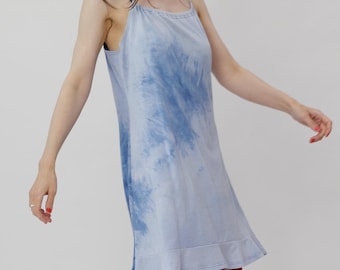 Vintage Blue Tie Dye Slip Dress Sleeveless Midi Made in Spain