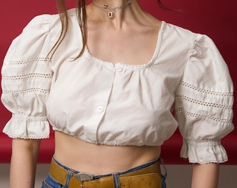 Vintage White Cotton Puff Sleeve Crop Top Milkmaid Blouse Size L