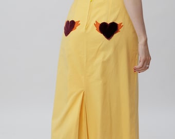 Vintage Yellow Pencil Midi Skirt Velvet Heart Applique Size M