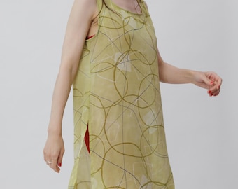 Vintage Chartreuse Abstract Print Sheer Slip Dress Sleeveless Size L