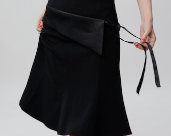 Vintage Black Wrap Tie Waist A-Line Midi Skirt Size M