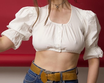 Vintage White Cotton Puff Sleeve Crop Top Button Front Made in Austria Size XS/S