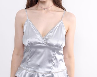 Vintage 90s Silver Satin Camisole Top: Silk Blend Ruffle Hem Blouse, Size S