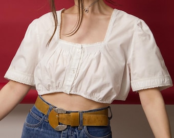 Vintage Cottagecore White Cotton Puff Sleeve Crop Top Oktoberfest Size XL