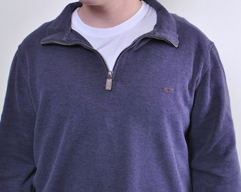 Marinblå tröja med kvarts dragkedja, 90-tals ribbad bomullströja, herr M