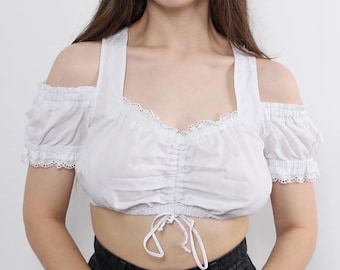 Milkmaid Crop Top 90s Cold Shoulder Dirndl Lace Sheer Blouse Size M