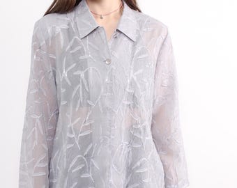 Vintage Floral Sheer Blouse, 90s Flowers Embroidery Romantic Summer Button-Up Shirt, Size M
