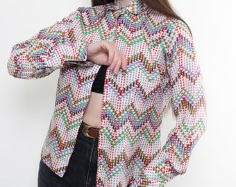 Jaren 70 chevron blouse met zigzagprint vintage lange mouwen puntige kraag veelkleurig retro maat M