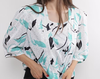 Vintage Abstract White Blouse, 90s Shoulder Pads Floral Pattern Top, Size L