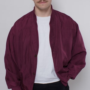 Vintage zijden bomberjack uit de jaren 90, retro oversized paars pilotenjack voor heren, maat L