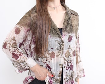 Vintage floral sheer blouse, 90s Boho Pasterl flowers print shirt 3/4 sleeves, Size L