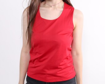 Canotta minimalista rossa anni '90, top vintage corto senza maniche elasticizzato, taglia L