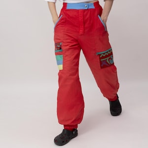 80s Red Geometric Patch Vintage Ski Pants Colorblock Stripe Italian Snow Trousers Size M
