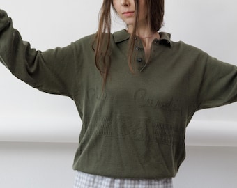 80s Pierre Cardin Olive Knit Polo Sweater Tonal Logo Long Sleeve M