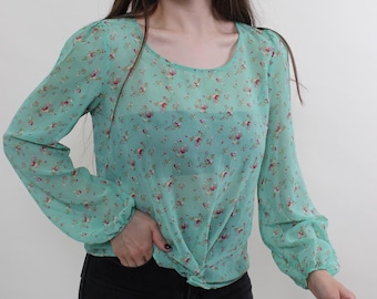Y2k Green Sheer Boho Top Twist Knot Front Ditsy Floral Balloon Sleeve Blouse M