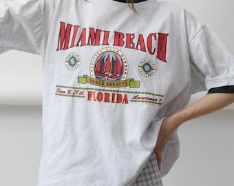 90s Miami Beach Florida Regatta Tee Speckled Ringer Neck Sailing XL