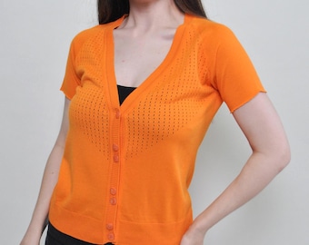 Cárdigan de punto naranja estilo años 90 con botones delanteros y manga corta, talla XL