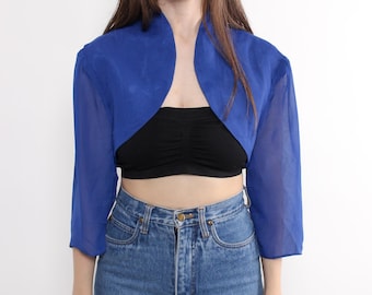 Bolero transparente azul cobalto, top corto con abertura frontal estilo años 2000, talla M