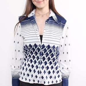 Navy Geometric Patchwork Panel Long Sleeve Button Up Blouse Size M