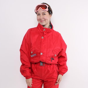 90s one piece ski suit in red, vintage snowsuit with hood, Size L