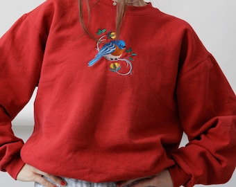 90s Bluebird Embroidered Red Sweatshirt Floral Branch Crewneck Oversized M