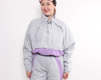 90s One Piece Ski Suit, Vintage Women’s Grey Purple Snowsuit, Size M