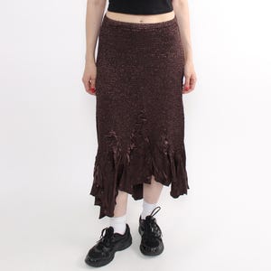 90s brown ruffle midi skirt, vintage stretchy high waist skirt with asymmetrical hem, Size M