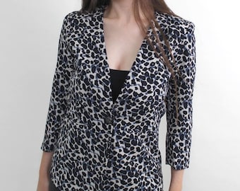 Vintage Blauer Leopard Blazer Größe M, 90er Jahre Animal Print Jacke, Kragenlose Jacke, Juwel Knopf