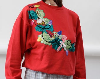 Vintage Christmas Lights Applique Sweatshirt Holly Candy Cane Red Crewneck M