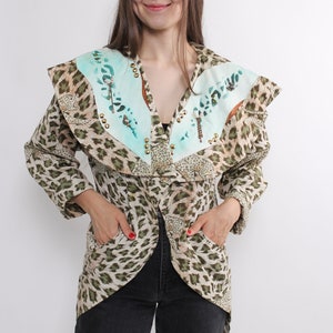 Vintage Leopard Muster Patchwork Blazer, 90er Jahre Animal Muster Lederjacke, Größe M