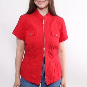 Y2k Rotes Top mit Reißverschluss vorne VintageUtensilo Style Taillenkordel Baumwolle Gr M